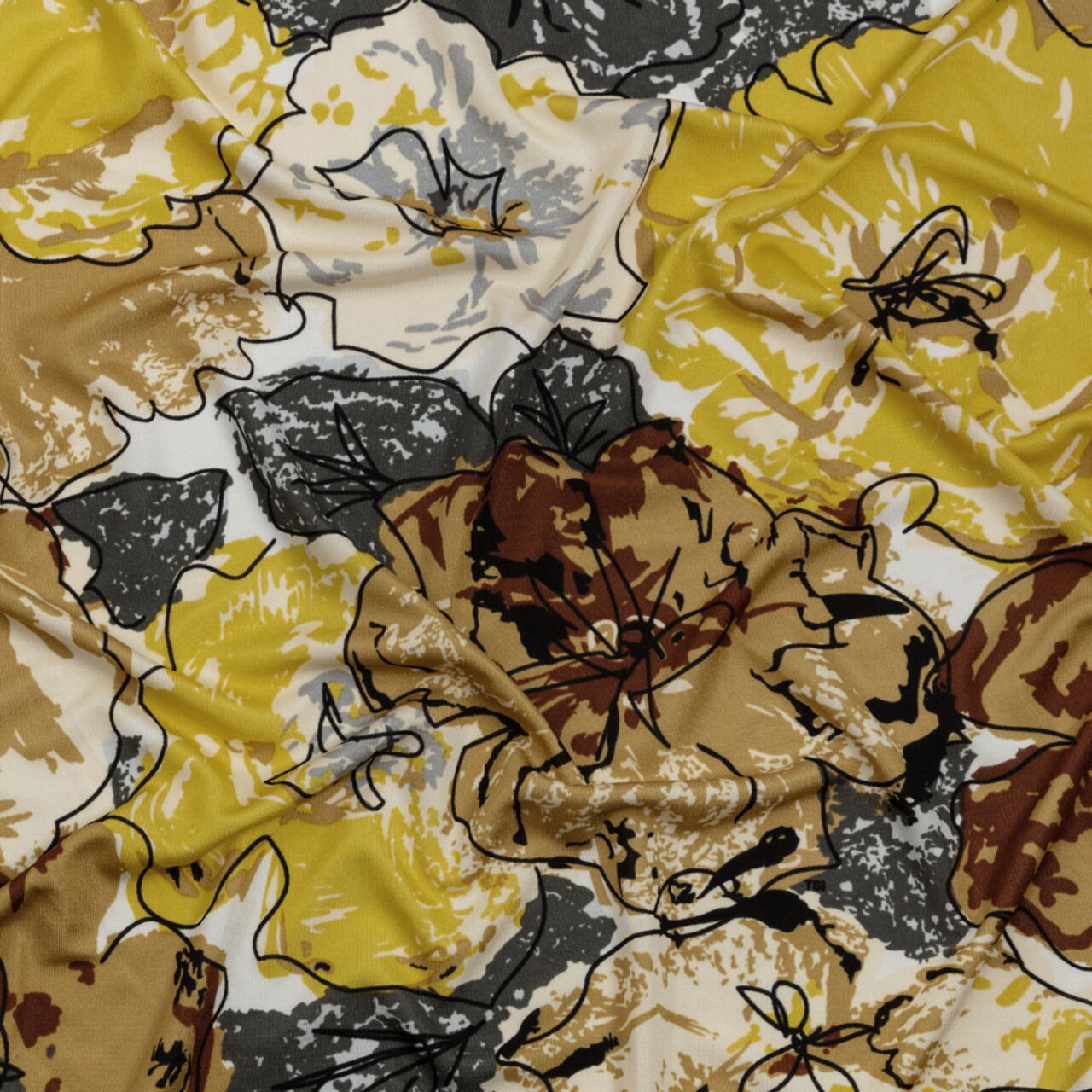 1 Yard Yellow, Gold and Gray Loose Flowers and Leaves Silk Jersey 44" Wide, Floral Fabric for Dresses, Tops, Skirts